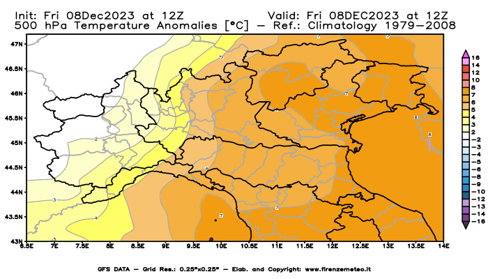Mappa di analisi GFS - Anomalia Temperatura a 500 hPa in Nord-Italia
							del 8 dicembre 2023 z12