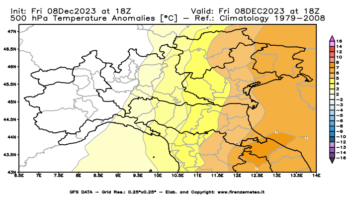 Mappa di analisi GFS - Anomalia Temperatura a 500 hPa in Nord-Italia
							del 8 dicembre 2023 z18
