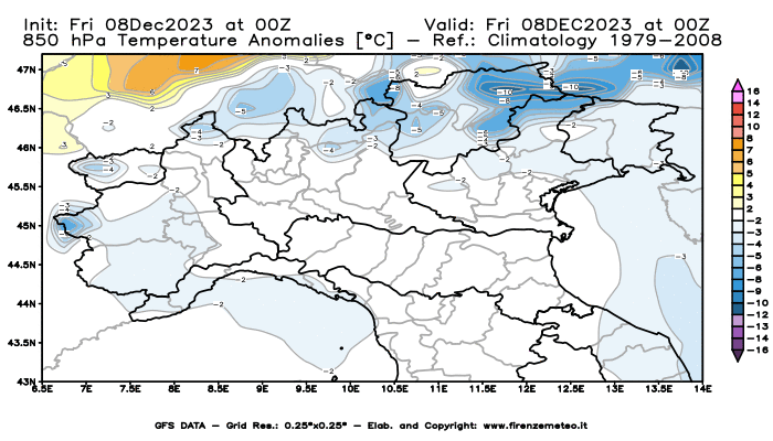 Mappa di analisi GFS - Anomalia Temperatura a 850 hPa in Nord-Italia
							del 8 dicembre 2023 z00