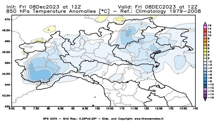 Mappa di analisi GFS - Anomalia Temperatura a 850 hPa in Nord-Italia
							del 8 dicembre 2023 z12