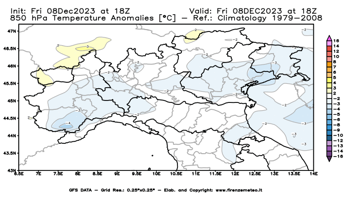 Mappa di analisi GFS - Anomalia Temperatura a 850 hPa in Nord-Italia
							del 8 dicembre 2023 z18