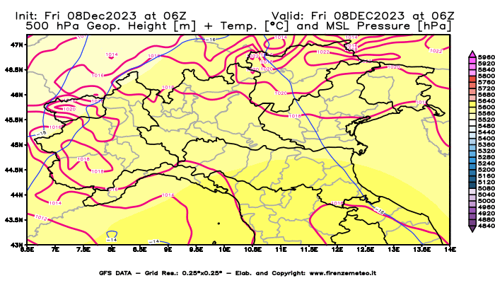 Mappa di analisi GFS - Geopotenziale + Temp. a 500 hPa + Press. a livello del mare in Nord-Italia
							del 8 dicembre 2023 z06