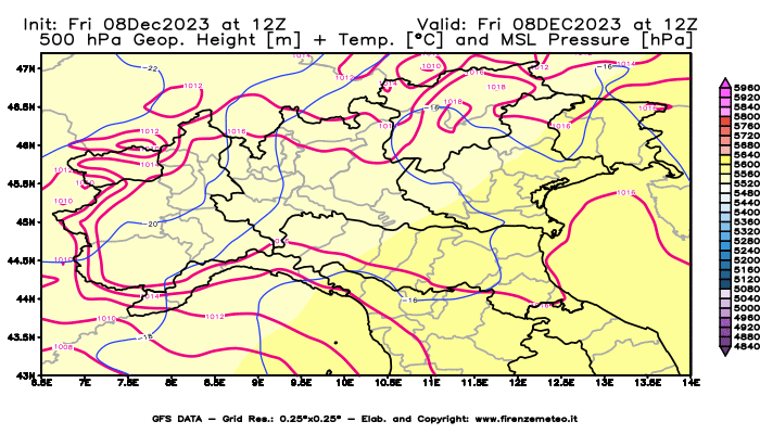 Mappa di analisi GFS - Geopotenziale + Temp. a 500 hPa + Press. a livello del mare in Nord-Italia
							del 8 dicembre 2023 z12
