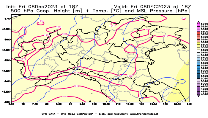 Mappa di analisi GFS - Geopotenziale + Temp. a 500 hPa + Press. a livello del mare in Nord-Italia
							del 8 dicembre 2023 z18