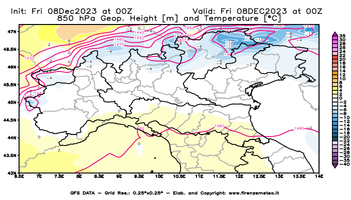 Mappa di analisi GFS - Geopotenziale e Temperatura a 850 hPa in Nord-Italia
							del 8 dicembre 2023 z00