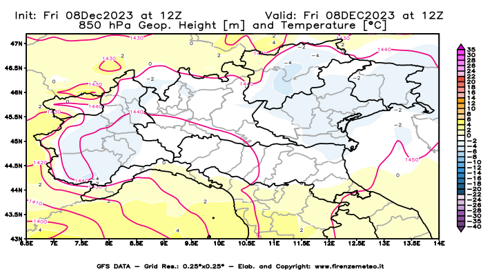 Mappa di analisi GFS - Geopotenziale e Temperatura a 850 hPa in Nord-Italia
							del 8 dicembre 2023 z12