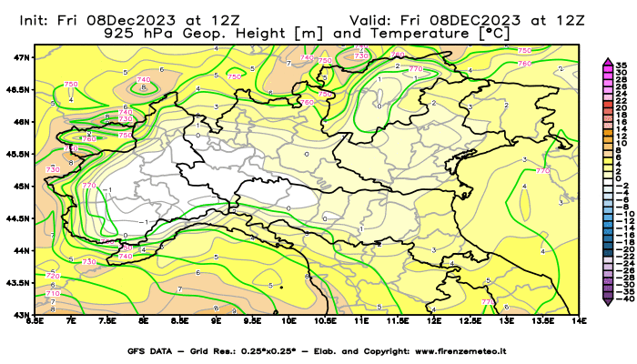 Mappa di analisi GFS - Geopotenziale e Temperatura a 925 hPa in Nord-Italia
							del 8 dicembre 2023 z12