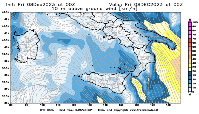 Mappa di analisi GFS - Velocità del vento a 10 metri dal suolo in Sud-Italia
							del 8 dicembre 2023 z00