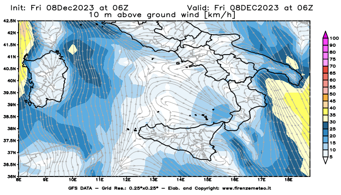 Mappa di analisi GFS - Velocità del vento a 10 metri dal suolo in Sud-Italia
							del 8 dicembre 2023 z06