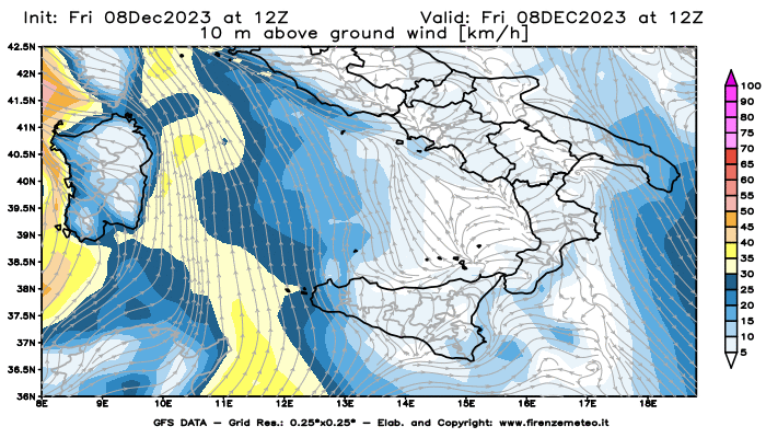 Mappa di analisi GFS - Velocità del vento a 10 metri dal suolo in Sud-Italia
							del 8 dicembre 2023 z12