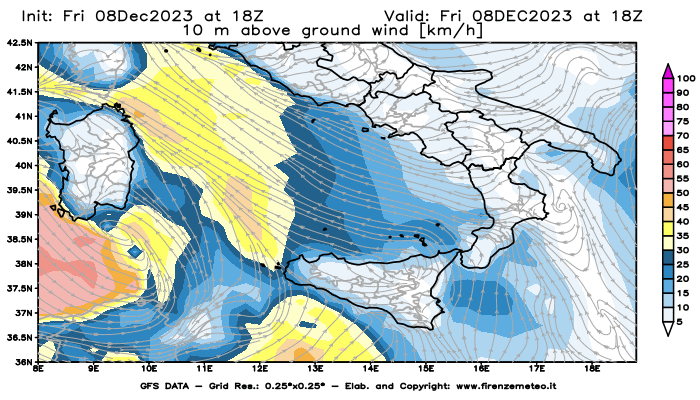 Mappa di analisi GFS - Velocità del vento a 10 metri dal suolo in Sud-Italia
							del 8 dicembre 2023 z18