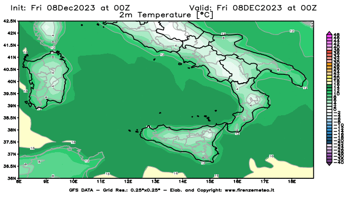 Mappa di analisi GFS - Temperatura a 2 metri dal suolo in Sud-Italia
							del 8 dicembre 2023 z00