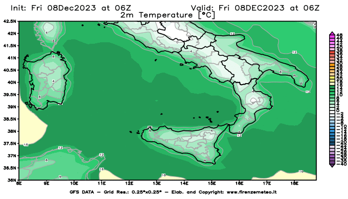 Mappa di analisi GFS - Temperatura a 2 metri dal suolo in Sud-Italia
							del 8 dicembre 2023 z06