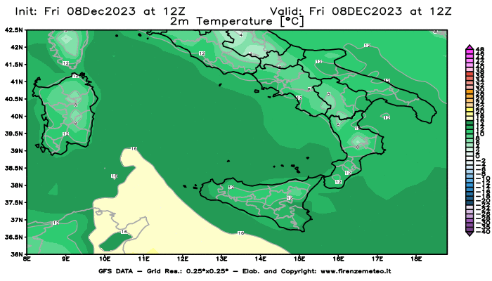 Mappa di analisi GFS - Temperatura a 2 metri dal suolo in Sud-Italia
							del 8 dicembre 2023 z12