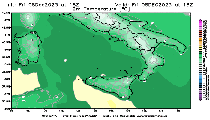 Mappa di analisi GFS - Temperatura a 2 metri dal suolo in Sud-Italia
							del 8 dicembre 2023 z18