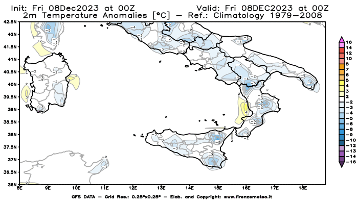 Mappa di analisi GFS - Anomalia Temperatura a 2 m in Sud-Italia
							del 8 dicembre 2023 z00