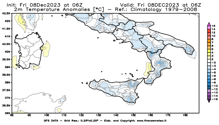 Mappa di analisi GFS - Anomalia Temperatura a 2 m in Sud-Italia
							del 8 dicembre 2023 z06