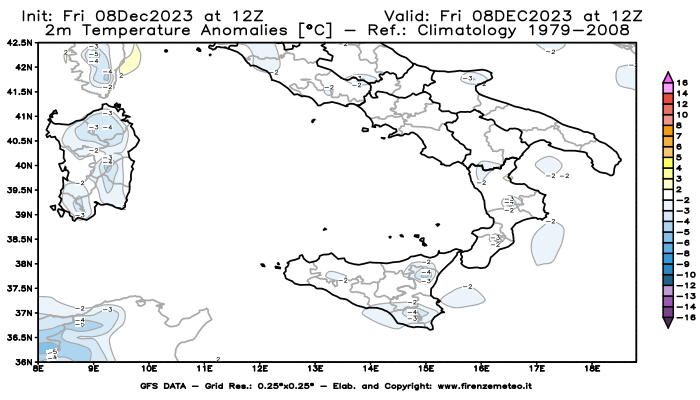 Mappa di analisi GFS - Anomalia Temperatura a 2 m in Sud-Italia
							del 8 dicembre 2023 z12