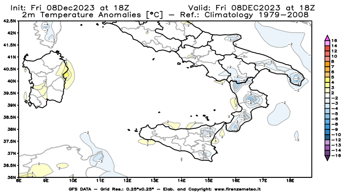 Mappa di analisi GFS - Anomalia Temperatura a 2 m in Sud-Italia
							del 8 dicembre 2023 z18