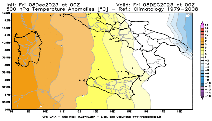 Mappa di analisi GFS - Anomalia Temperatura a 500 hPa in Sud-Italia
							del 8 dicembre 2023 z00
