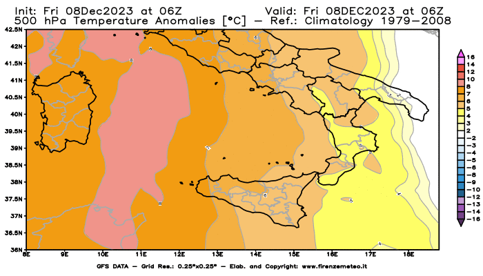 Mappa di analisi GFS - Anomalia Temperatura a 500 hPa in Sud-Italia
							del 8 dicembre 2023 z06