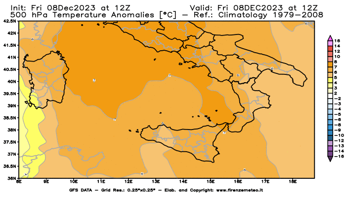 Mappa di analisi GFS - Anomalia Temperatura a 500 hPa in Sud-Italia
							del 8 dicembre 2023 z12