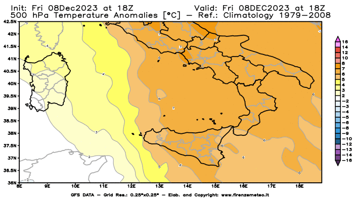 Mappa di analisi GFS - Anomalia Temperatura a 500 hPa in Sud-Italia
							del 8 dicembre 2023 z18