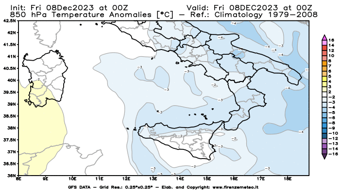 Mappa di analisi GFS - Anomalia Temperatura a 850 hPa in Sud-Italia
							del 8 dicembre 2023 z00
