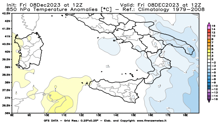 Mappa di analisi GFS - Anomalia Temperatura a 850 hPa in Sud-Italia
							del 8 dicembre 2023 z12