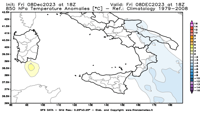 Mappa di analisi GFS - Anomalia Temperatura a 850 hPa in Sud-Italia
							del 8 dicembre 2023 z18