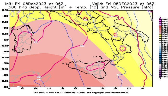 Mappa di analisi GFS - Geopotenziale + Temp. a 500 hPa + Press. a livello del mare in Sud-Italia
							del 8 dicembre 2023 z06