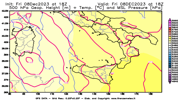 Mappa di analisi GFS - Geopotenziale + Temp. a 500 hPa + Press. a livello del mare in Sud-Italia
							del 8 dicembre 2023 z18