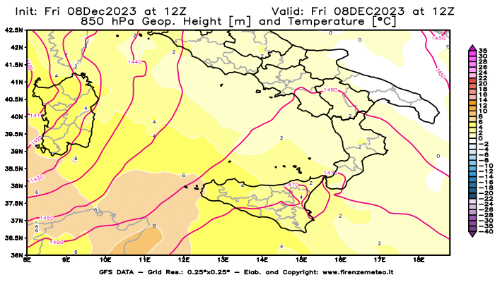 Mappa di analisi GFS - Geopotenziale e Temperatura a 850 hPa in Sud-Italia
							del 8 dicembre 2023 z12