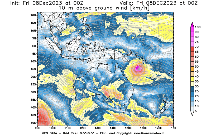 Mappa di analisi GFS - Velocità del vento a 10 metri dal suolo in Oceania
							del 8 dicembre 2023 z00