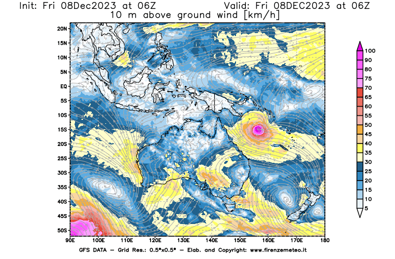 Mappa di analisi GFS - Velocità del vento a 10 metri dal suolo in Oceania
							del 8 dicembre 2023 z06