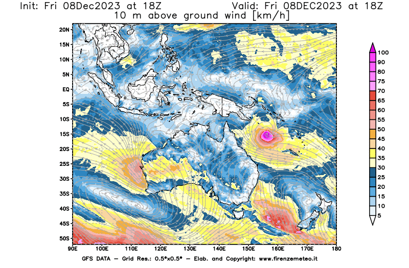 Mappa di analisi GFS - Velocità del vento a 10 metri dal suolo in Oceania
							del 8 dicembre 2023 z18