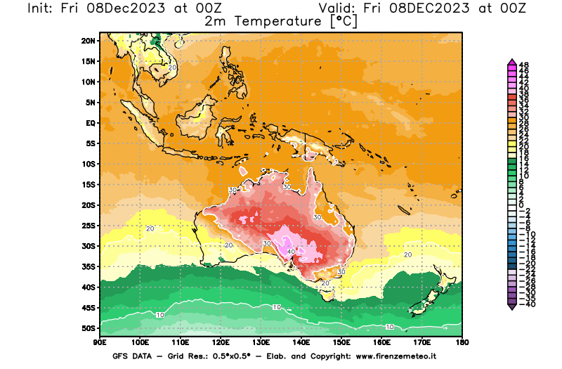 Mappa di analisi GFS - Temperatura a 2 metri dal suolo in Oceania
							del 8 dicembre 2023 z00