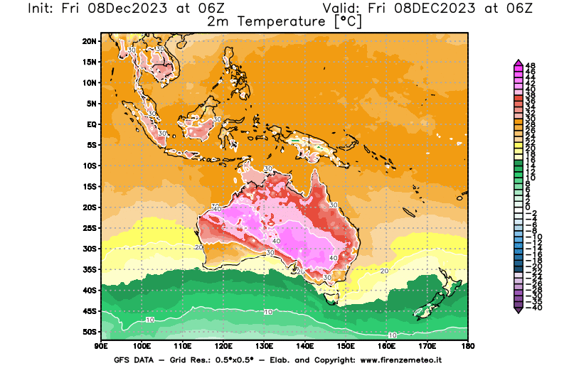 Mappa di analisi GFS - Temperatura a 2 metri dal suolo in Oceania
							del 8 dicembre 2023 z06