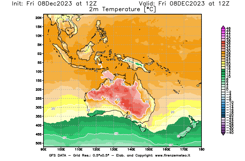 Mappa di analisi GFS - Temperatura a 2 metri dal suolo in Oceania
							del 8 dicembre 2023 z12
