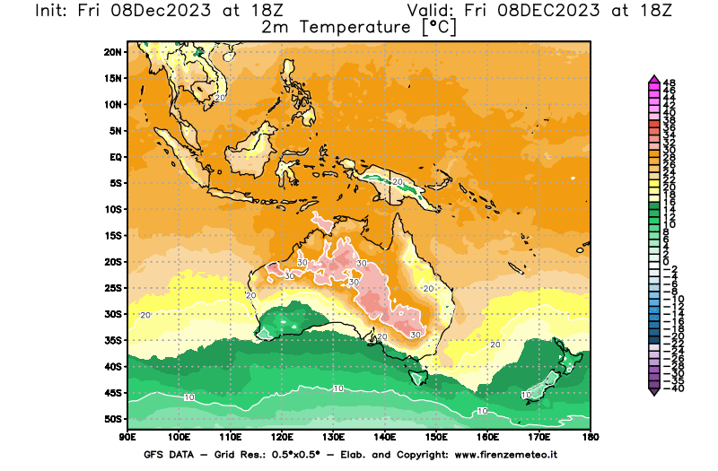 Mappa di analisi GFS - Temperatura a 2 metri dal suolo in Oceania
							del 8 dicembre 2023 z18