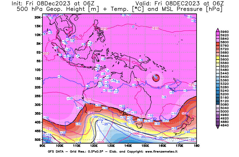 Mappa di analisi GFS - Geopotenziale + Temp. a 500 hPa + Press. a livello del mare in Oceania
							del 8 dicembre 2023 z06