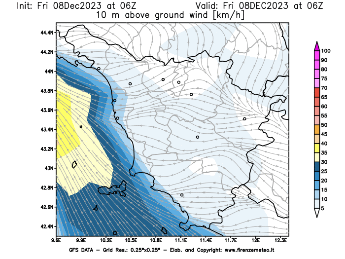 Mappa di analisi GFS - Velocità del vento a 10 metri dal suolo in Toscana
							del 8 dicembre 2023 z06