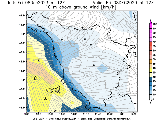Mappa di analisi GFS - Velocità del vento a 10 metri dal suolo in Toscana
							del 8 dicembre 2023 z12
