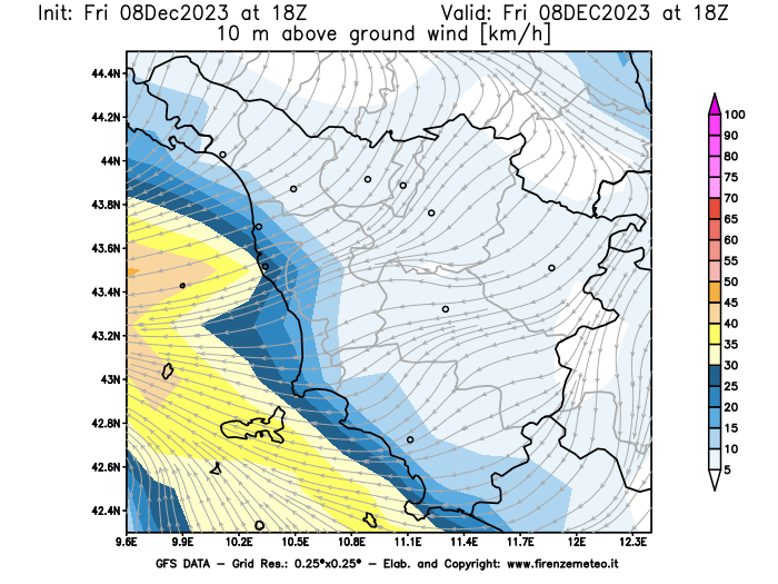 Mappa di analisi GFS - Velocità del vento a 10 metri dal suolo in Toscana
							del 8 dicembre 2023 z18