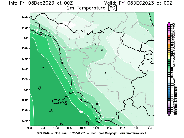 Mappa di analisi GFS - Temperatura a 2 metri dal suolo in Toscana
							del 8 dicembre 2023 z00