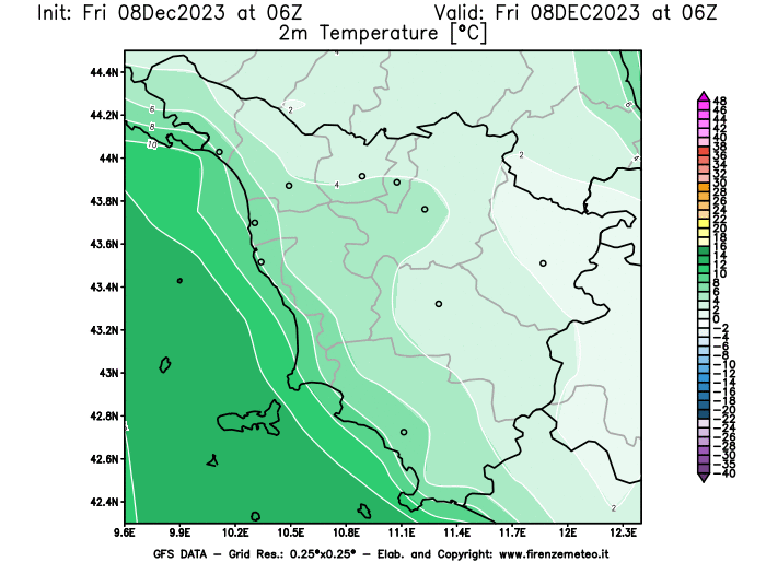 Mappa di analisi GFS - Temperatura a 2 metri dal suolo in Toscana
							del 8 dicembre 2023 z06