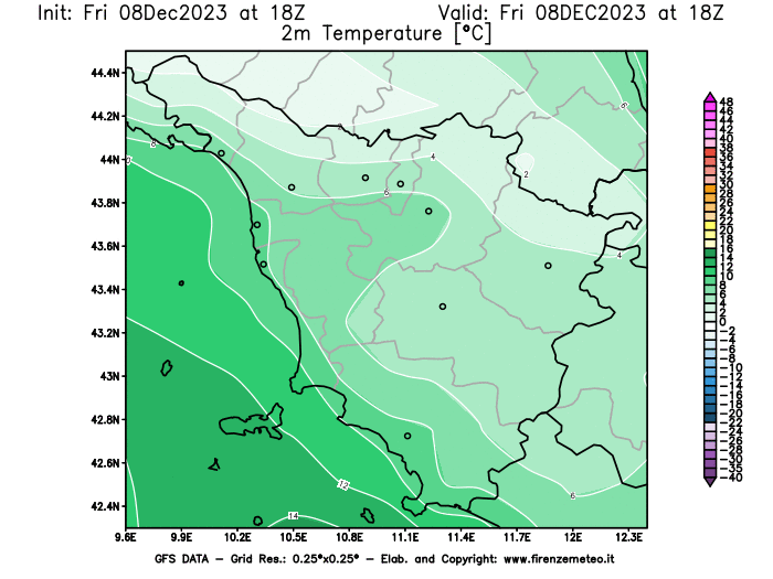 Mappa di analisi GFS - Temperatura a 2 metri dal suolo in Toscana
							del 8 dicembre 2023 z18