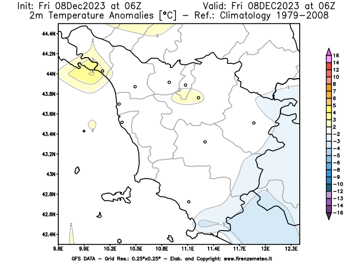 Mappa di analisi GFS - Anomalia Temperatura a 2 m in Toscana
							del 8 dicembre 2023 z06