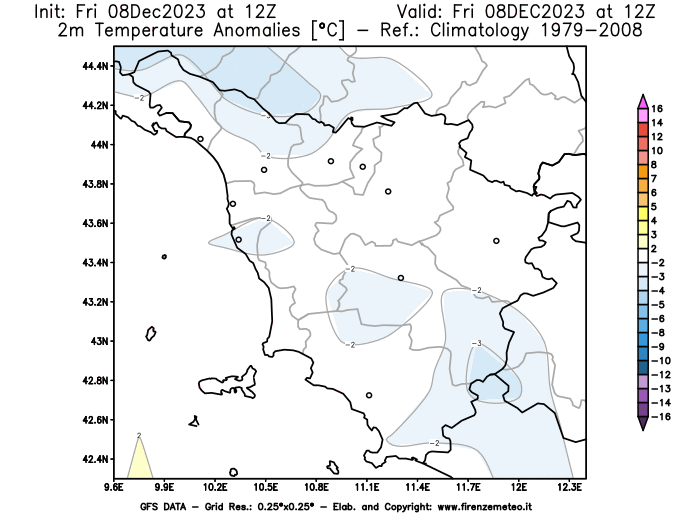 Mappa di analisi GFS - Anomalia Temperatura a 2 m in Toscana
							del 8 dicembre 2023 z12