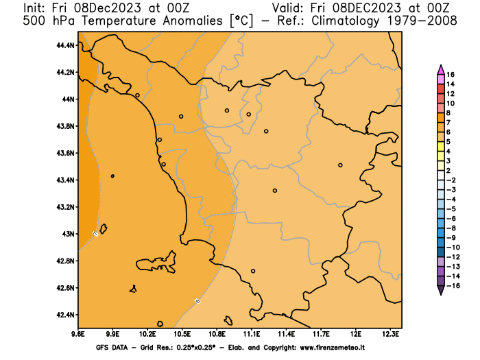 Mappa di analisi GFS - Anomalia Temperatura a 500 hPa in Toscana
							del 8 dicembre 2023 z00